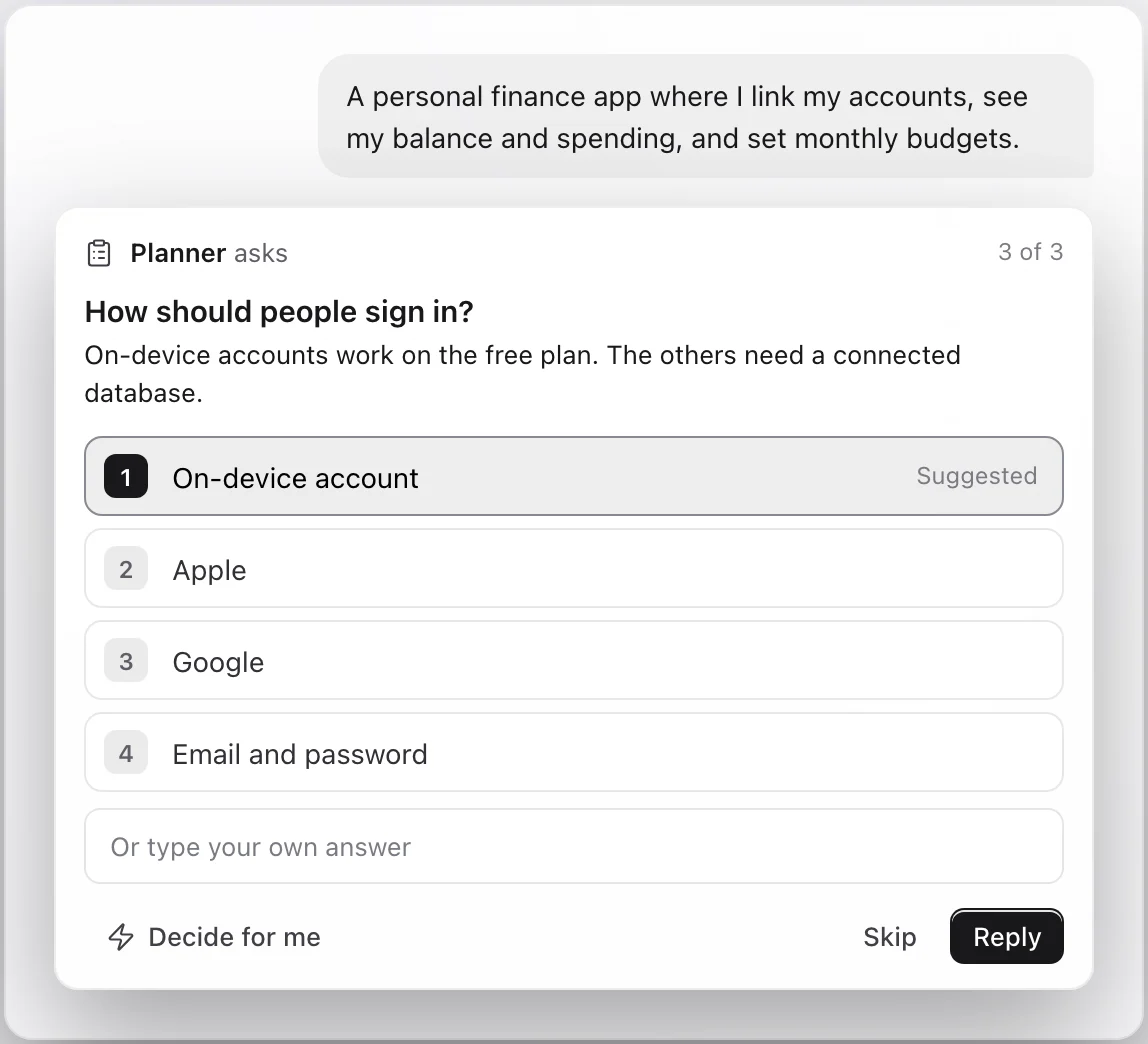 The Planner asking how people should sign in, with On-device account suggested.
