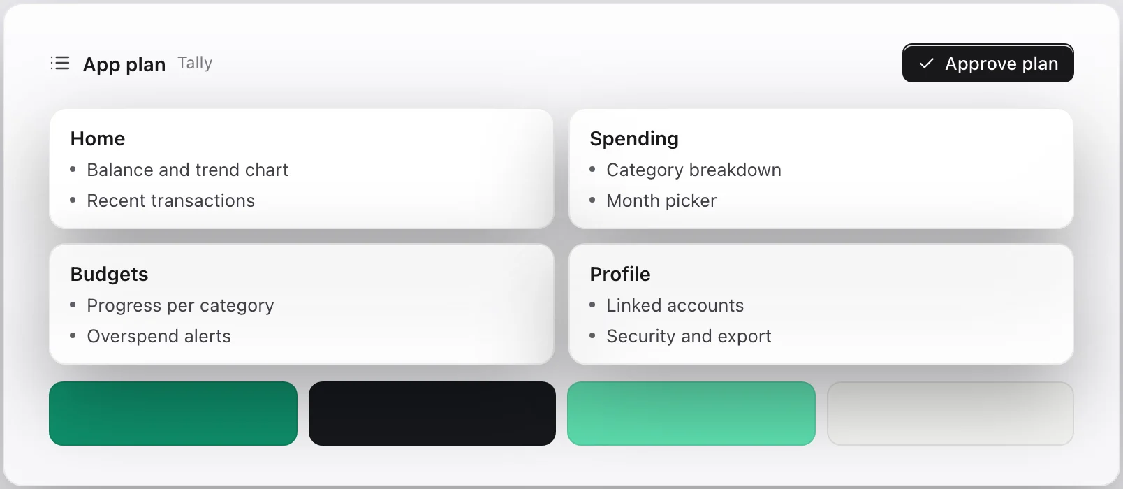 An app plan listing four screens and a colour palette, with an Approve plan button.