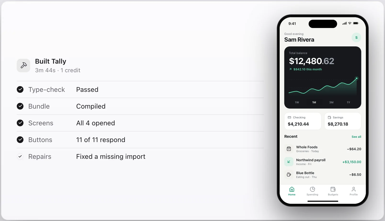 A build report: type-check passed, bundle compiled, all screens opened and every button responds.