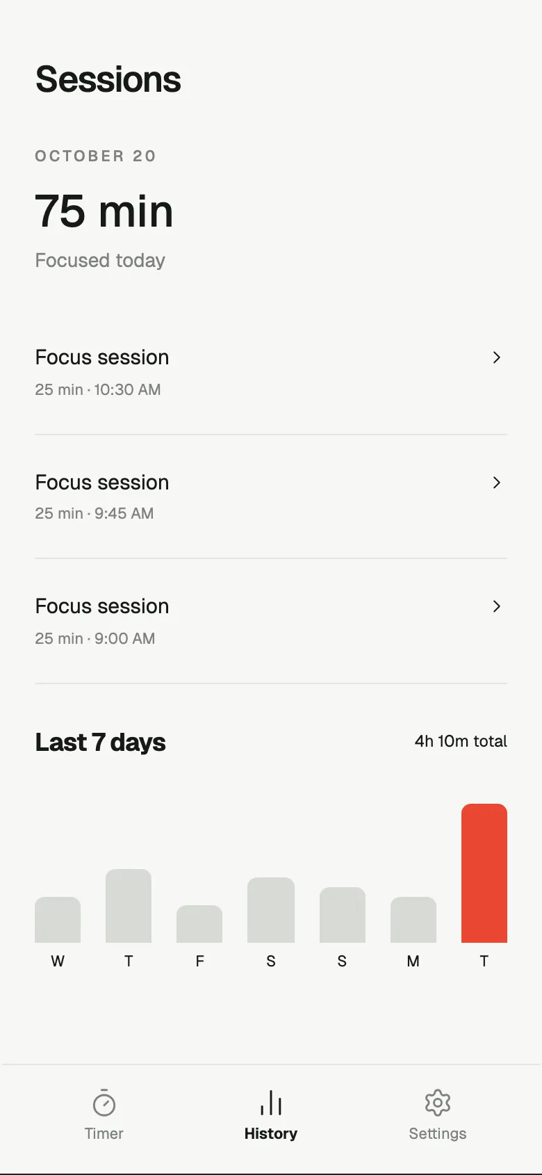Analog Timer: History screen