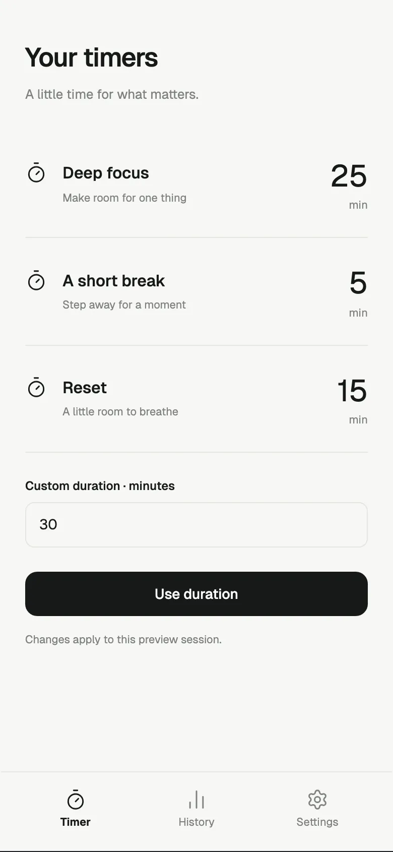 Analog Timer: Presets screen