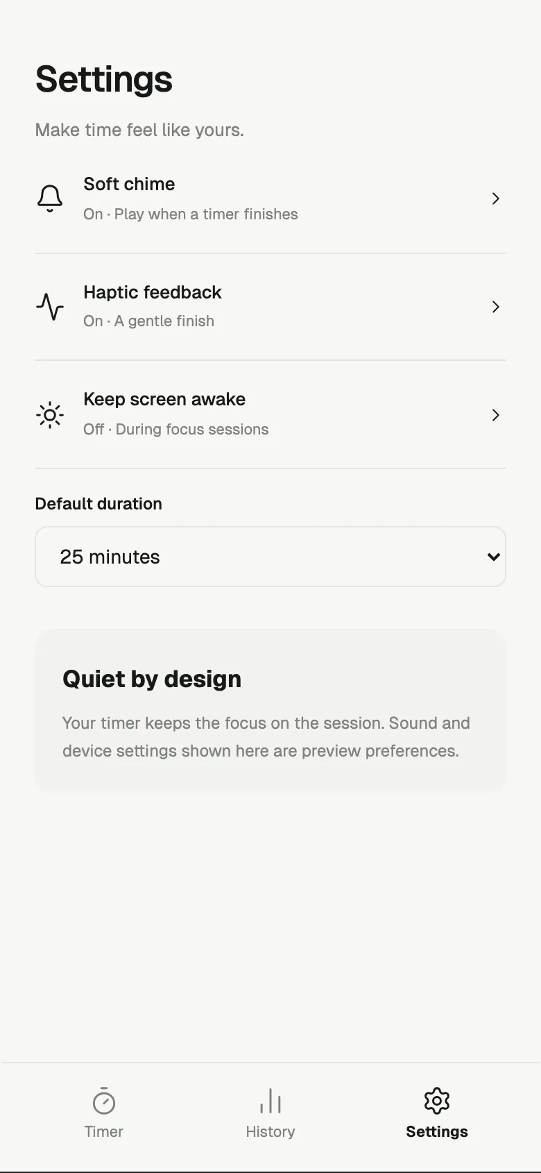 Analog Timer: Settings screen