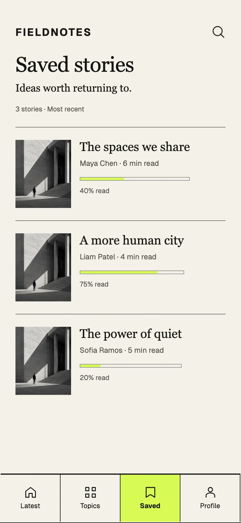 Brutalist Editorial: Saved screen
