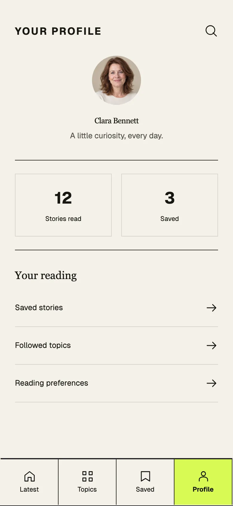Brutalist Editorial: Profile screen