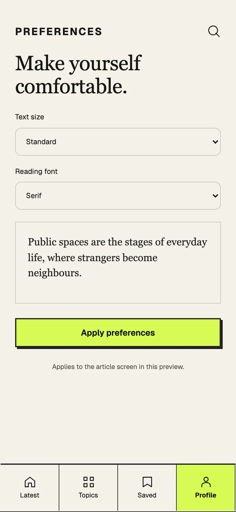 Brutalist Editorial: Preferences screen