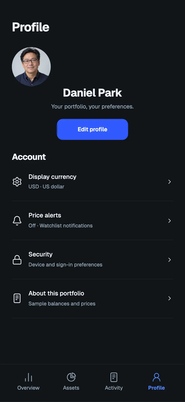 Cobalt Dashboard: Profile screen