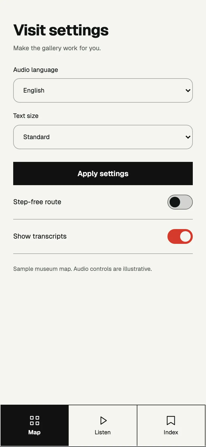 Crimson Gallery: Settings screen