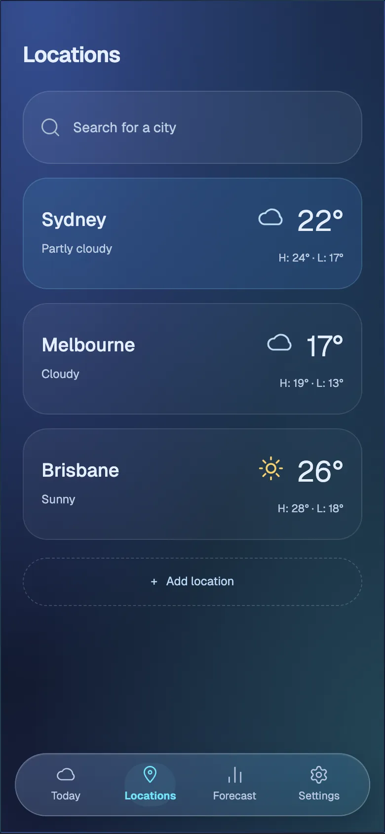 Ethereal Weather: Locations screen