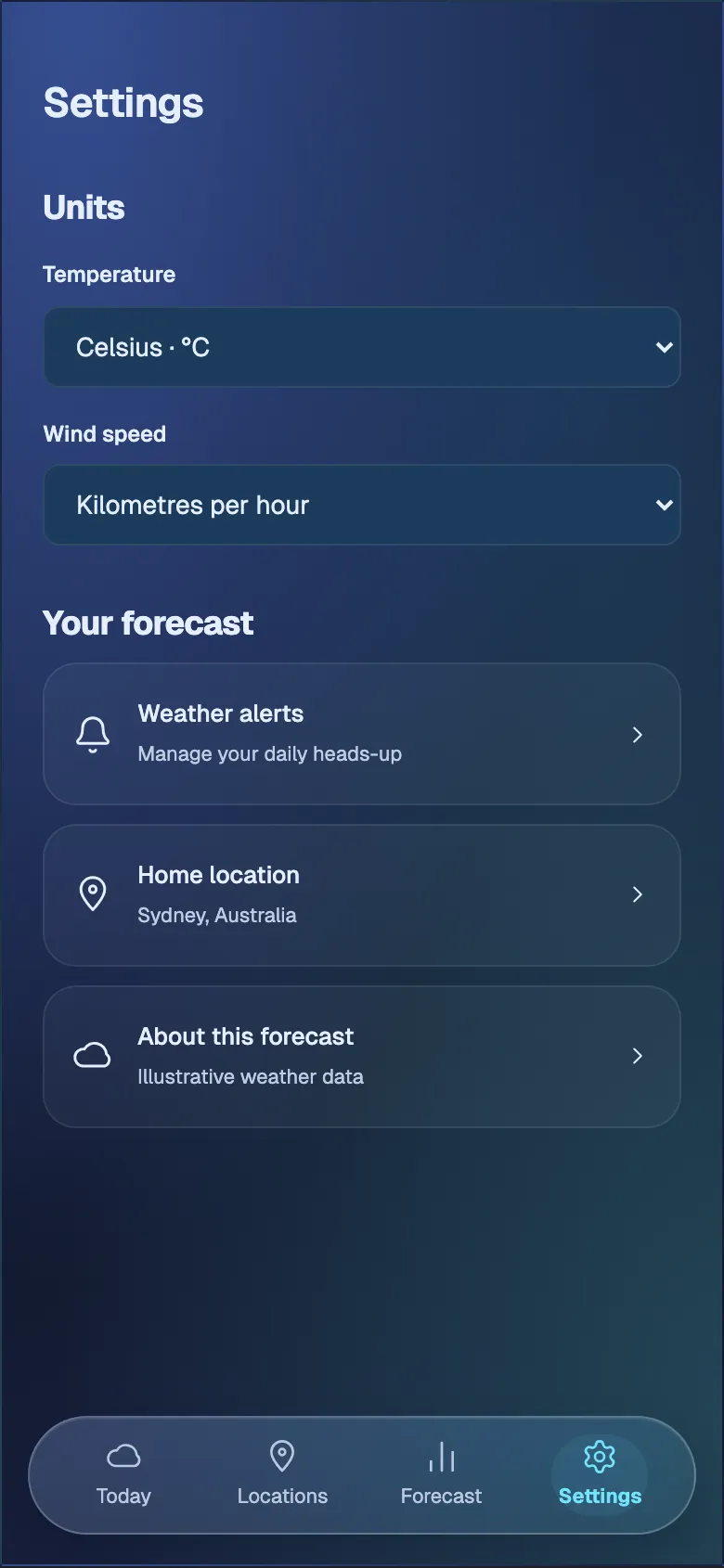 Ethereal Weather: Settings screen