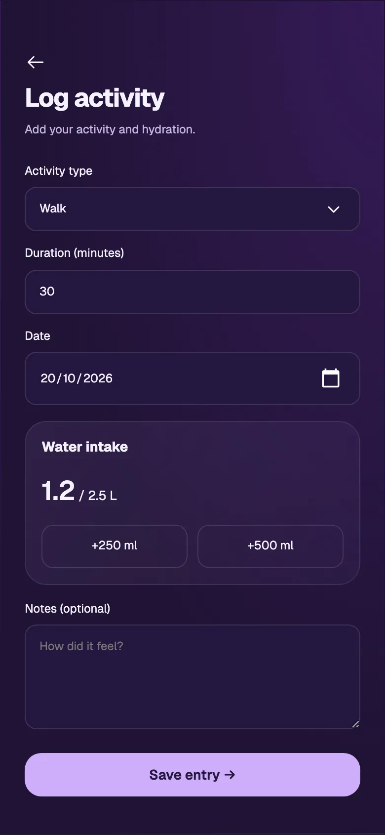 Luminous Health: Log activity screen