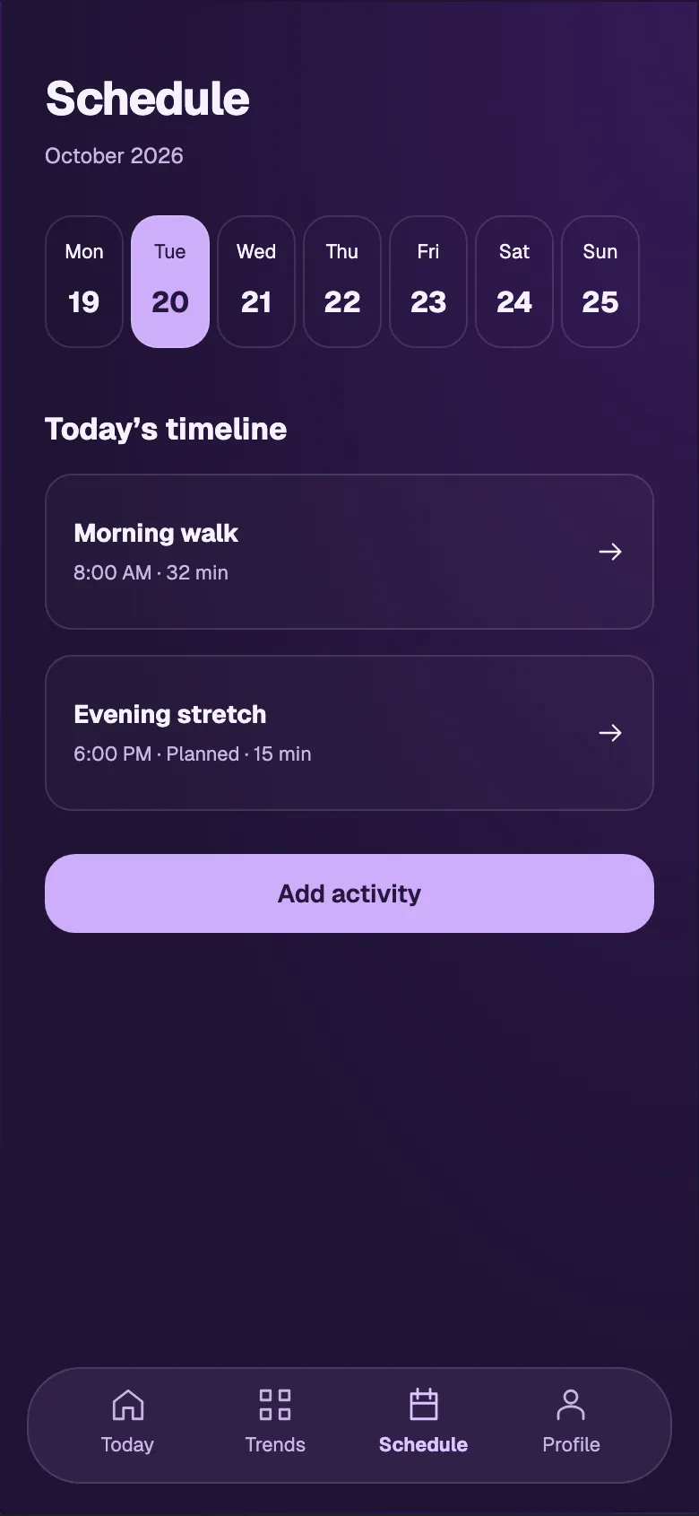 Luminous Health: Schedule screen