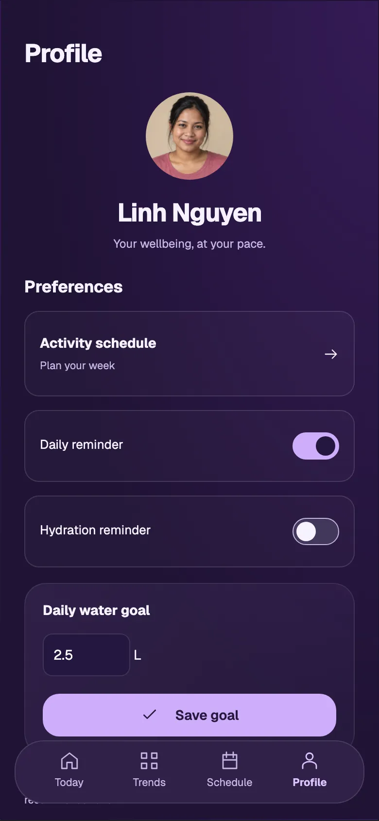 Luminous Health: Profile screen