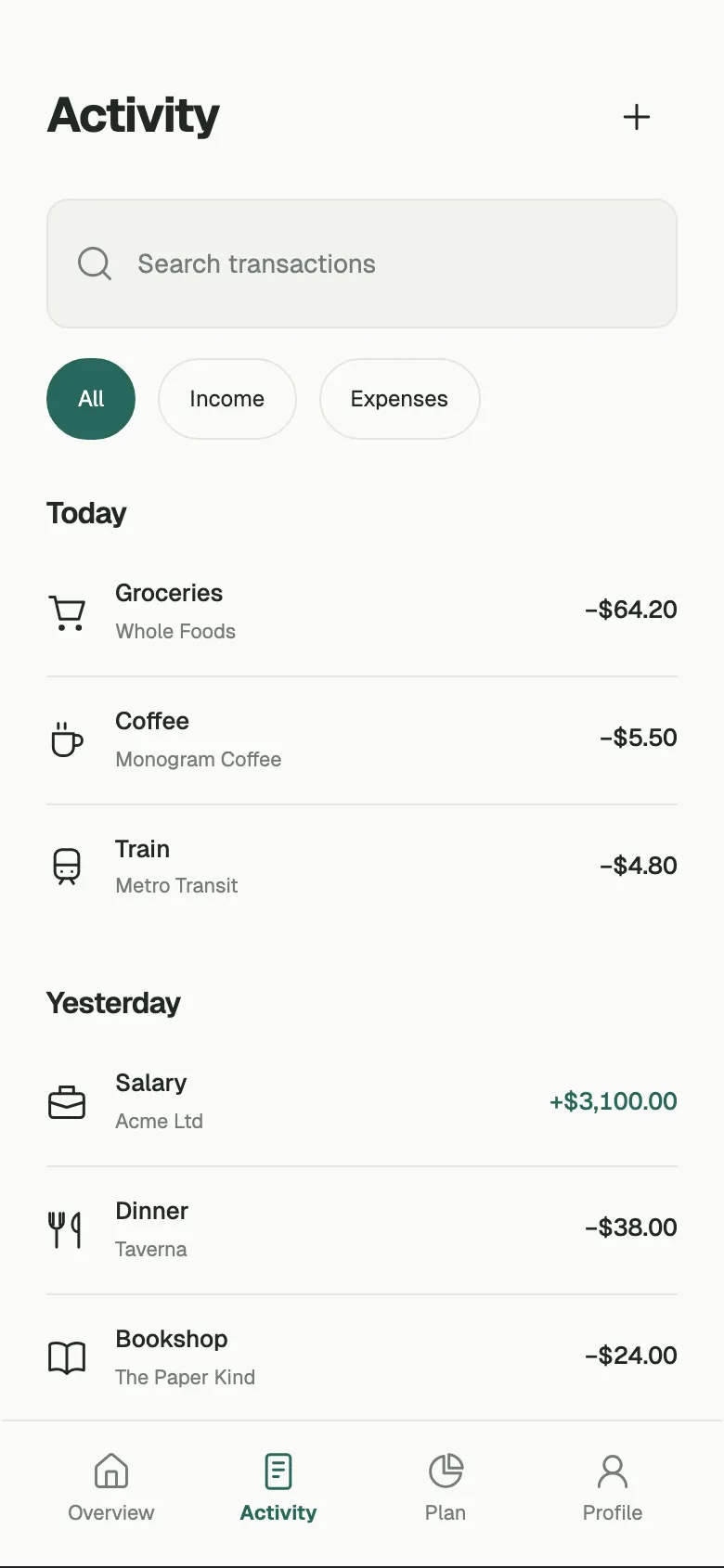 Minimal Ledger: Activity screen