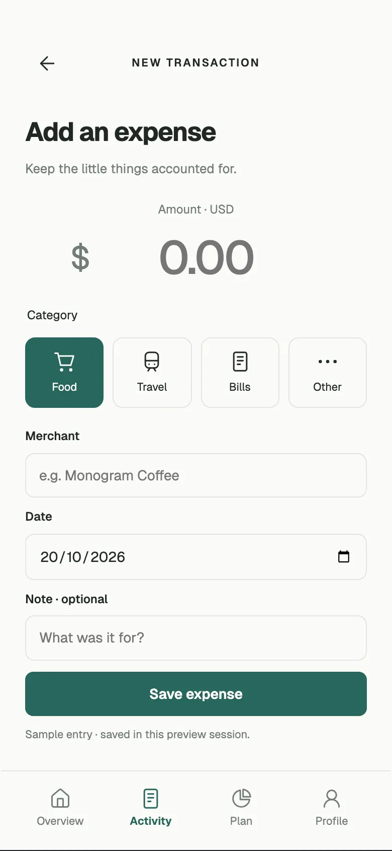 Minimal Ledger: Add expense screen