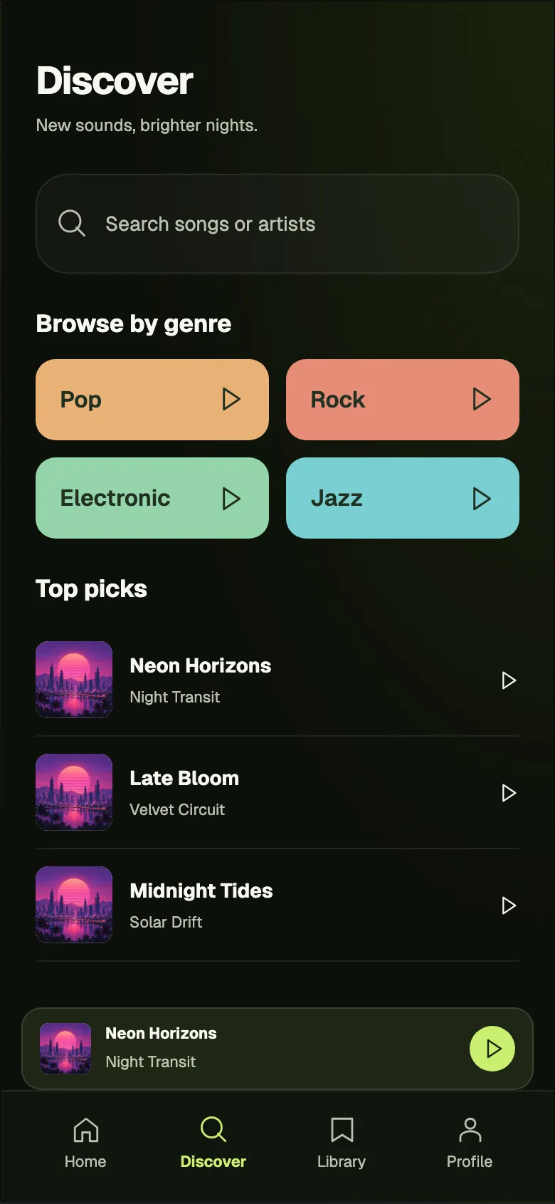 Neon Nightlife: Discover screen