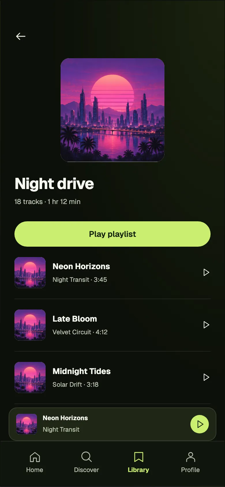 Neon Nightlife: Playlist screen