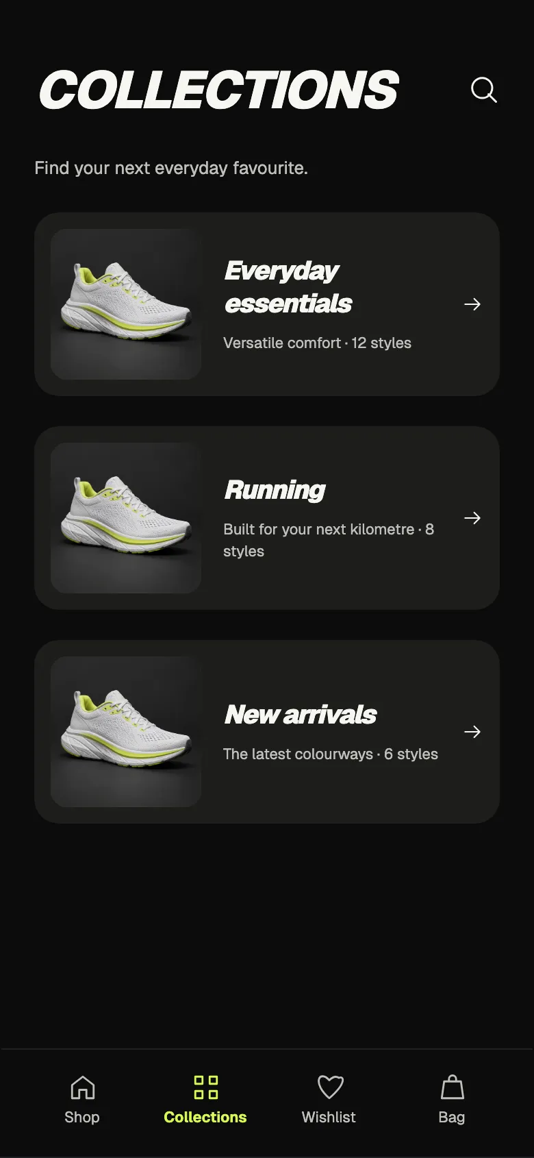 Neon Sneaker: Collections screen