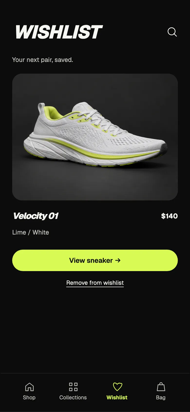 Neon Sneaker: Wishlist screen