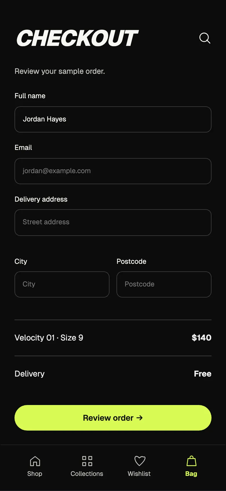 Neon Sneaker: Checkout screen