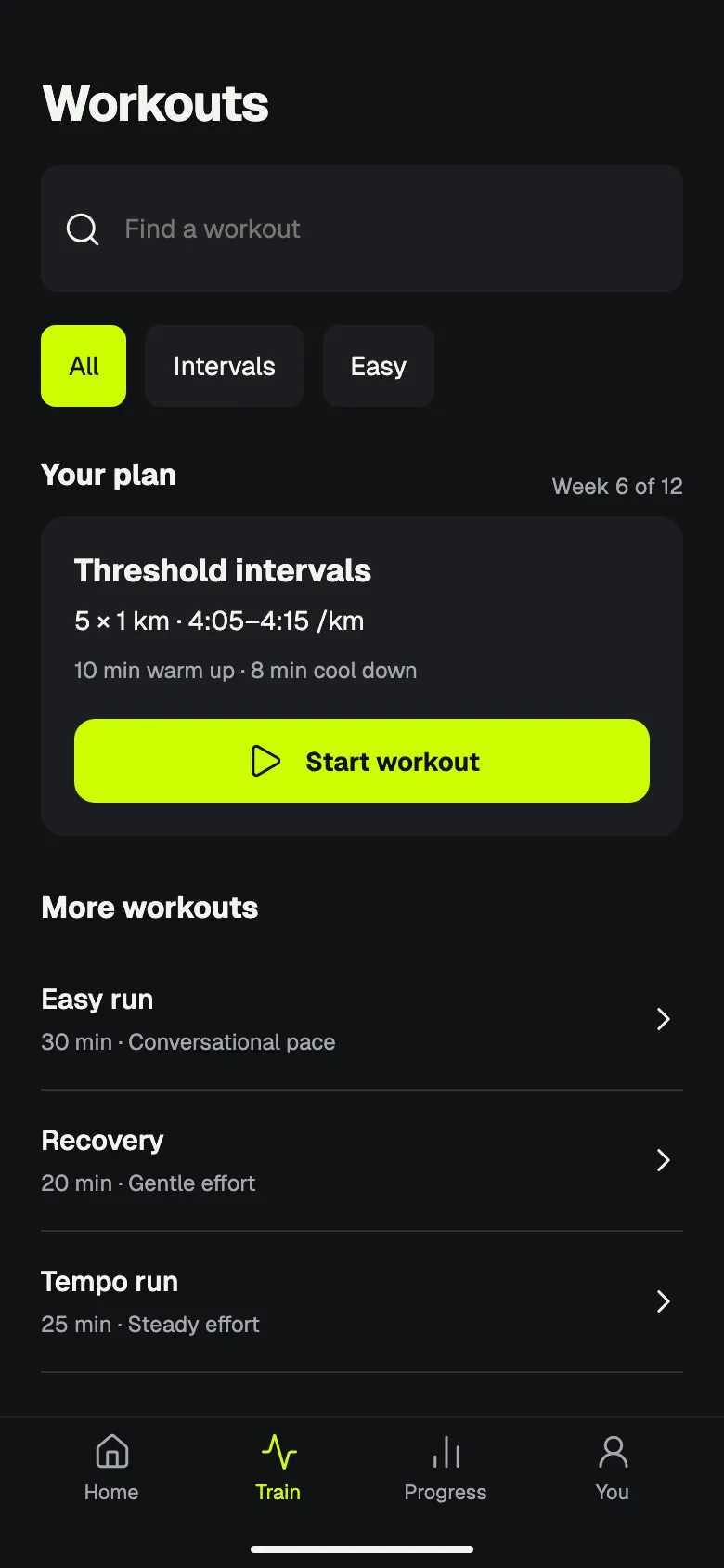 Pace: Workouts screen