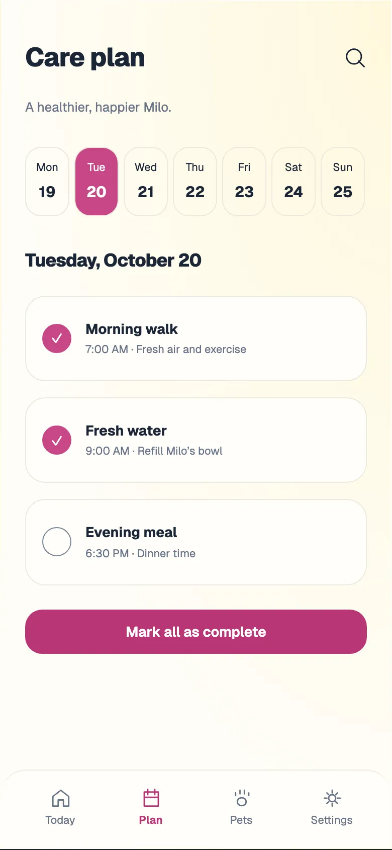 Playful Paws: Care plan screen