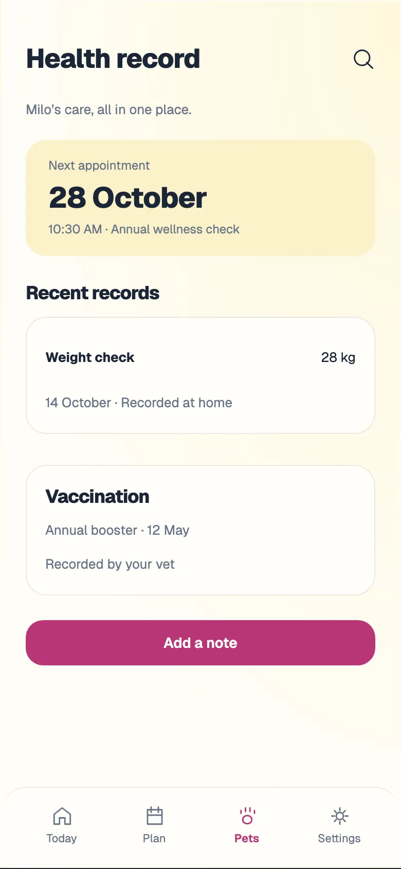 Playful Paws: Health record screen