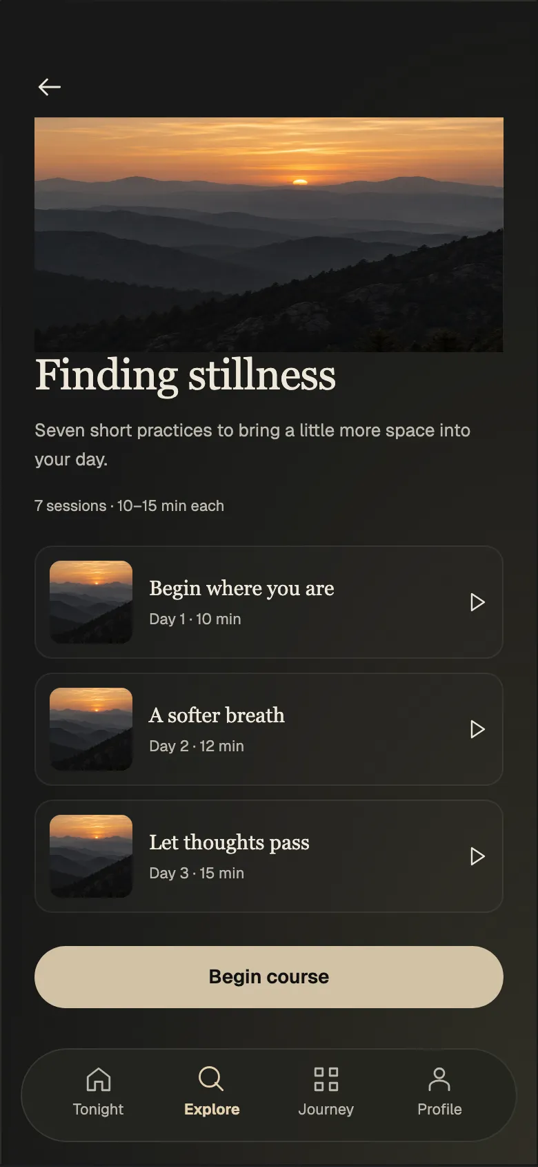 Twilight Meditation: Course screen