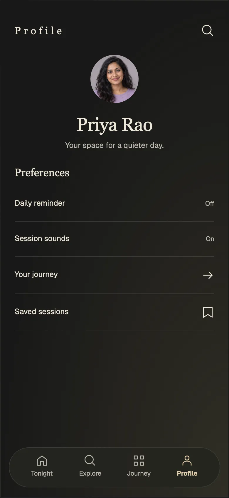 Twilight Meditation: Profile screen