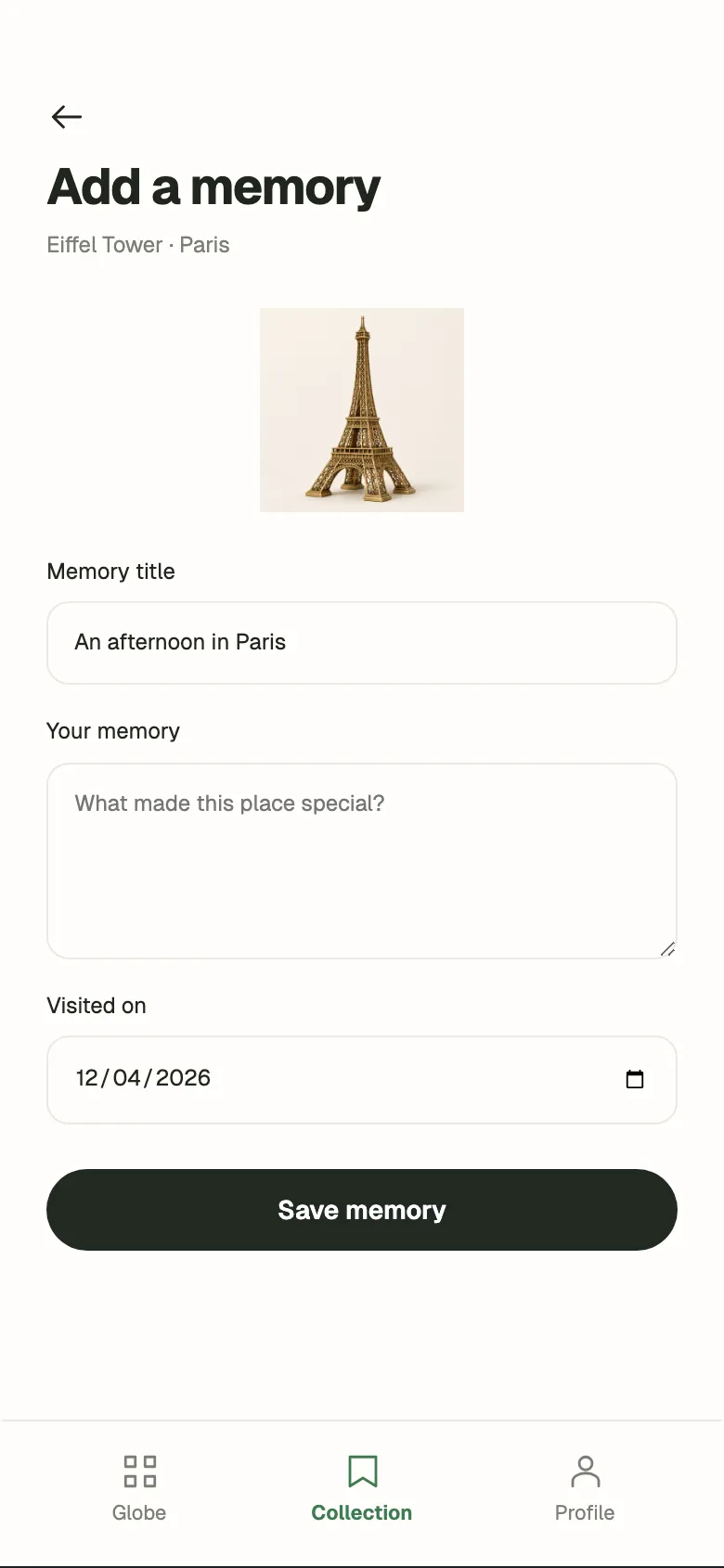 Warm Collectible: Add memory screen
