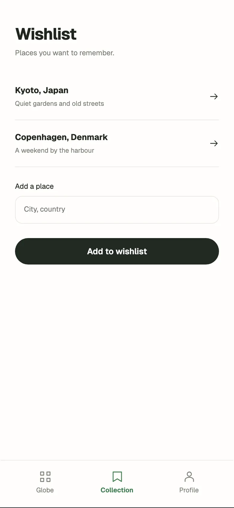Warm Collectible: Wishlist screen