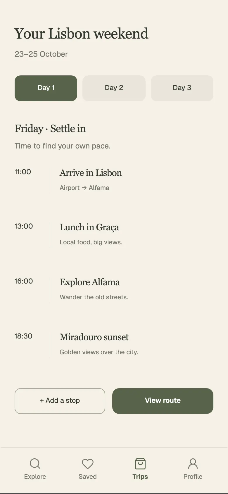 Warm Sand Travel: Itinerary screen