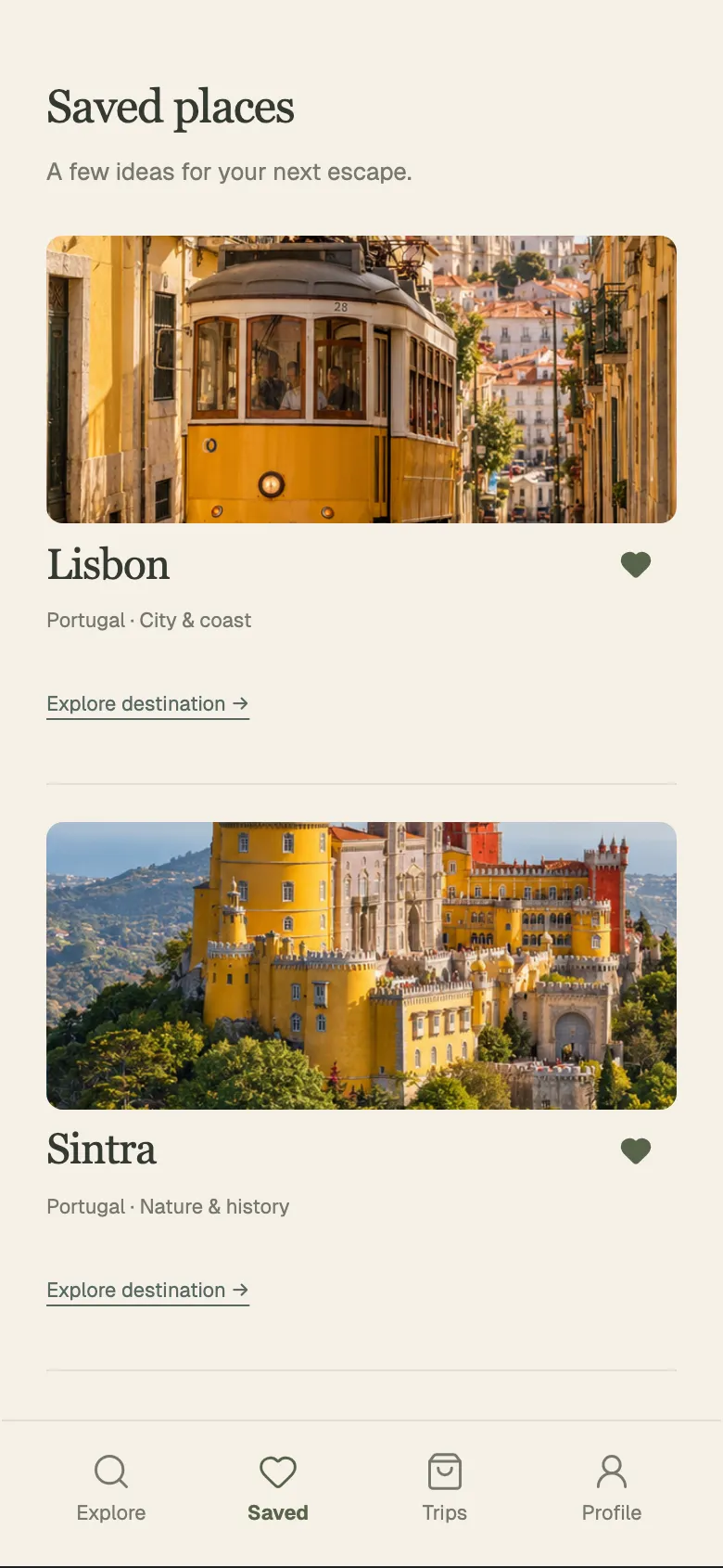 Warm Sand Travel: Saved places screen