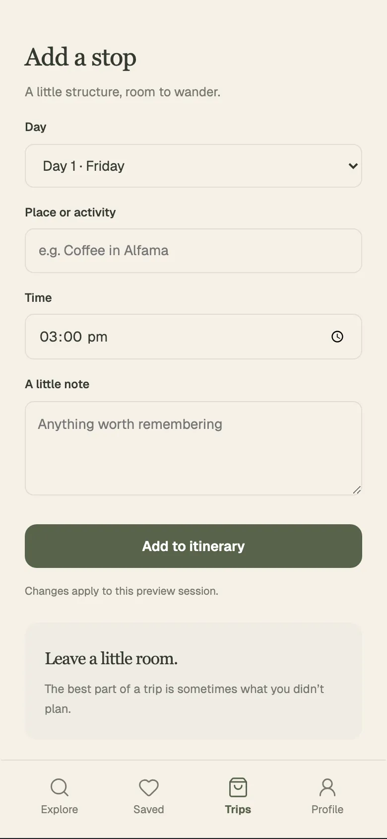 Warm Sand Travel: Add a stop screen