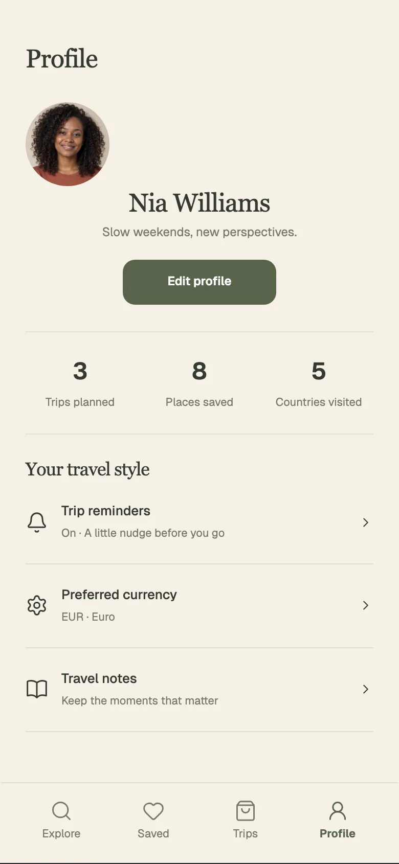 Warm Sand Travel: Profile screen